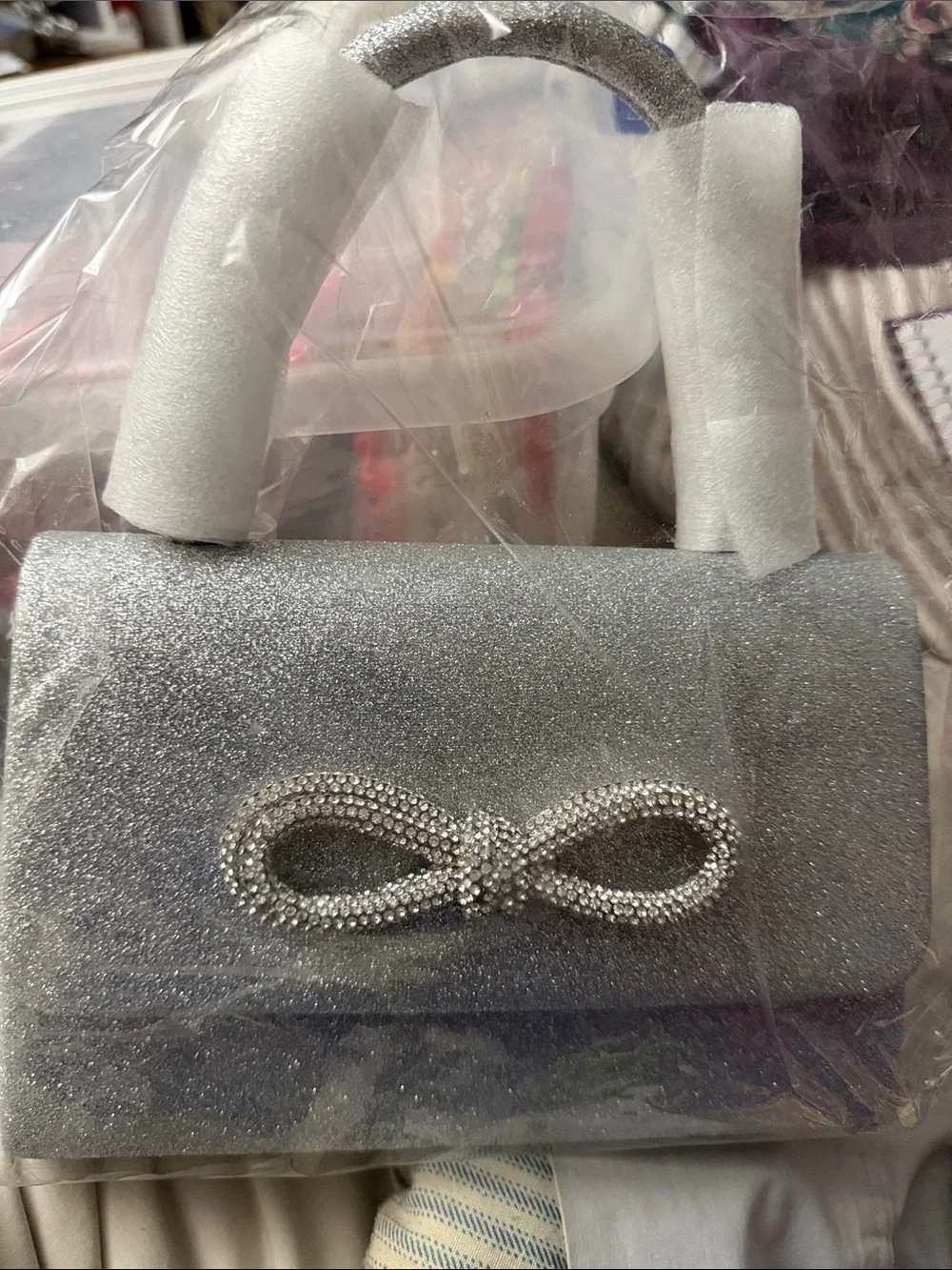 Silver Glitter Evening Handbag with Crystal Bow Accent